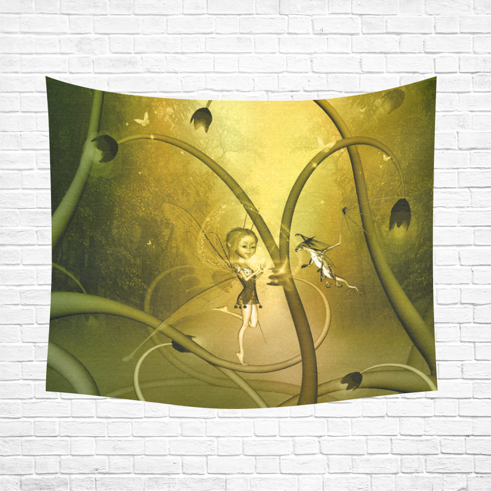 The dragon and the cute fairy, fantasy wood Cotton Linen Wall Tapestry 60"x 51"