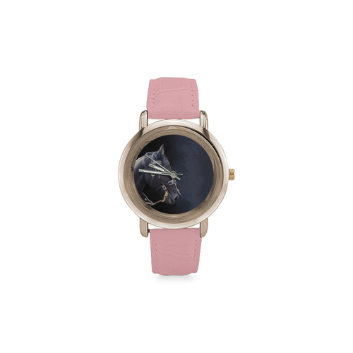 A beautiful painting black friesian horse portrait Women's Rose Gold Leather Strap Watch(Model 201)