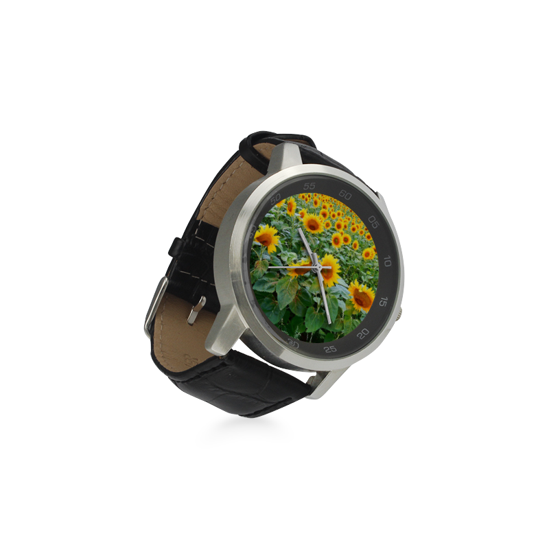 Sunflower Field Unisex Stainless Steel Leather Strap Watch(Model 202)