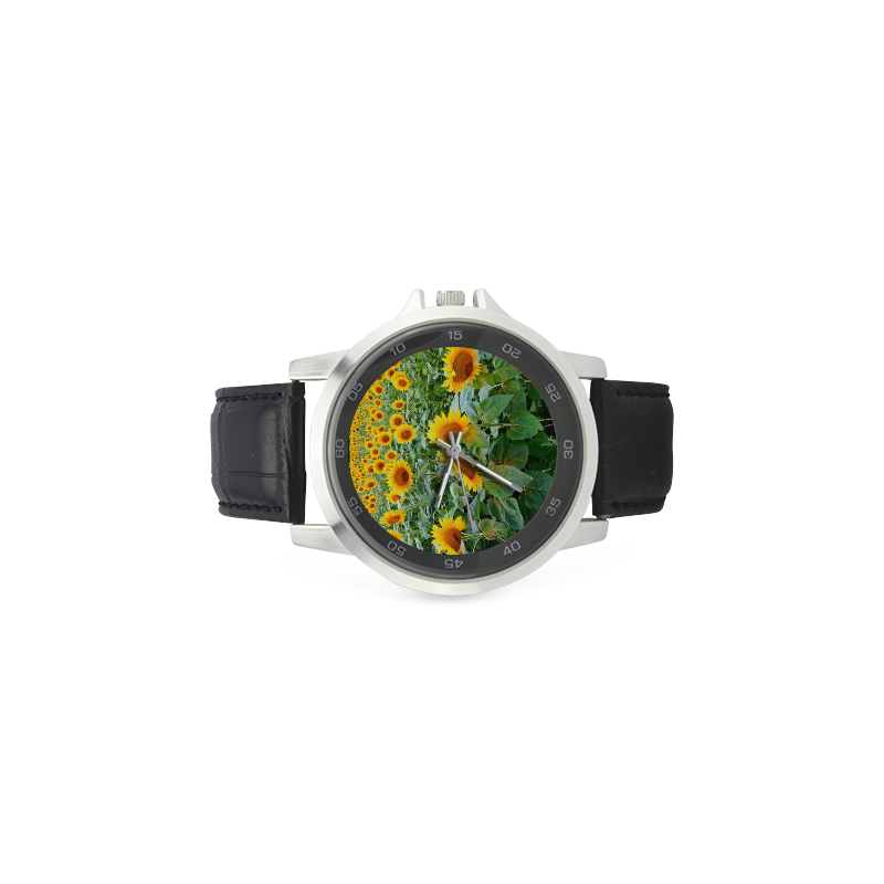 Sunflower Field Unisex Stainless Steel Leather Strap Watch(Model 202)