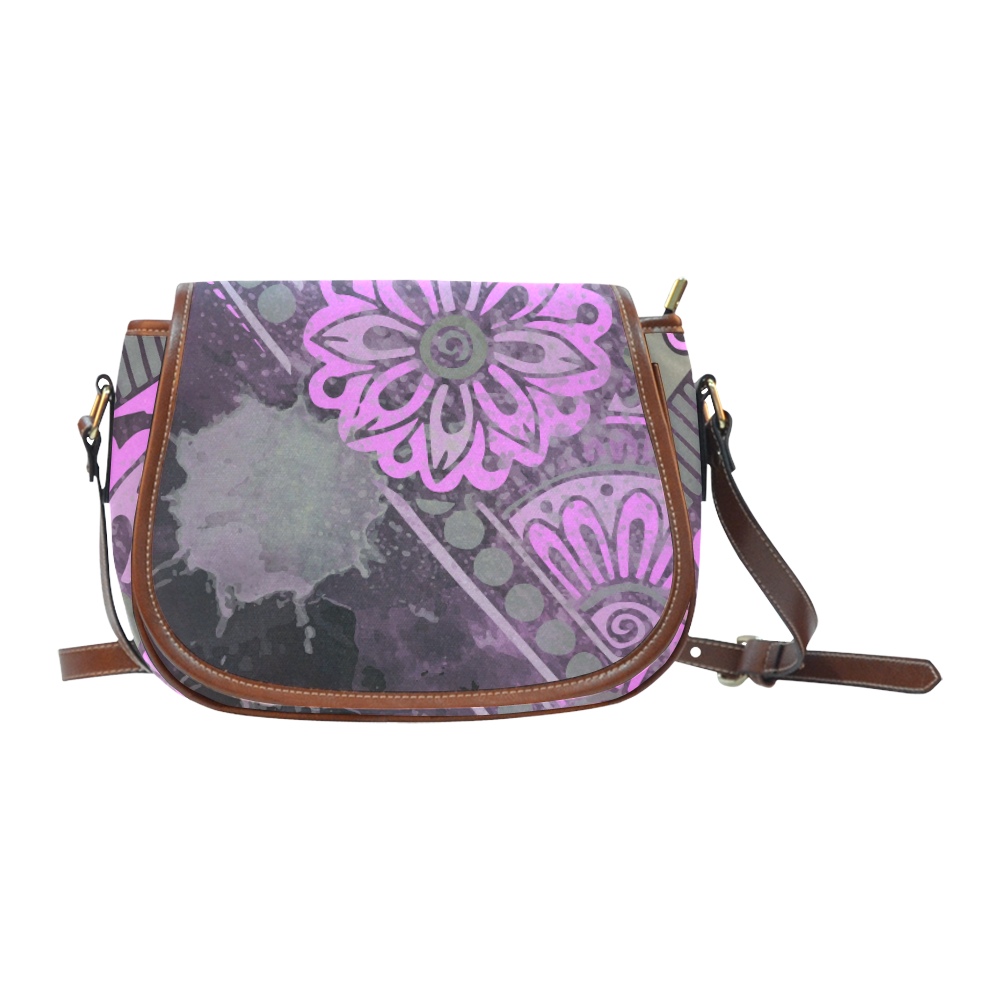 Pink Grunge Floral Modern Geometric Saddle Bag/Small (Model 1649) Full Customization
