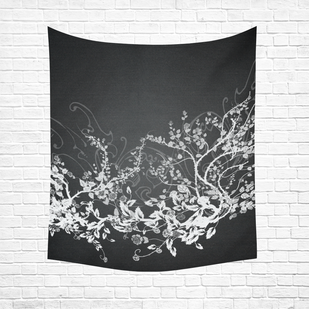 Flowers in black and white Cotton Linen Wall Tapestry 51"x 60"