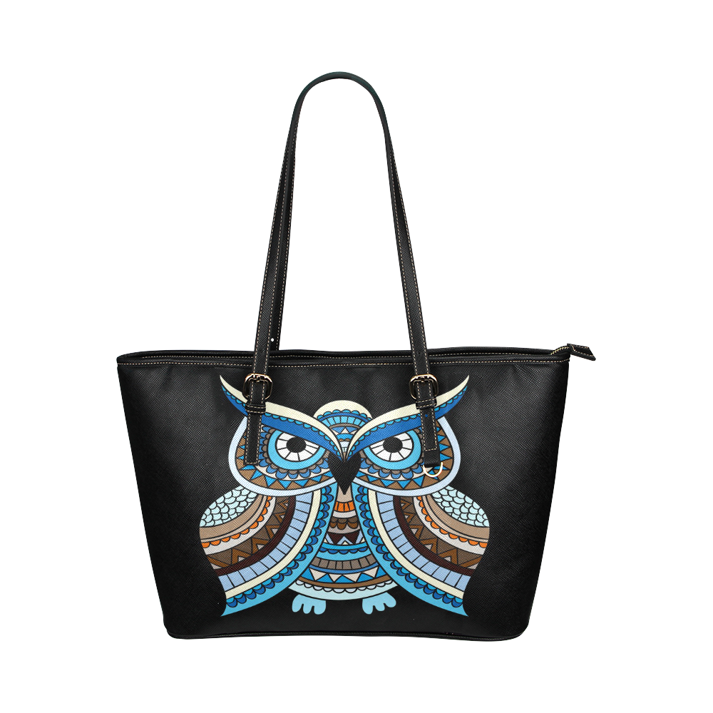 Cute Blue Owl Landscape Leather Tote Bag/Small (Model 1651)