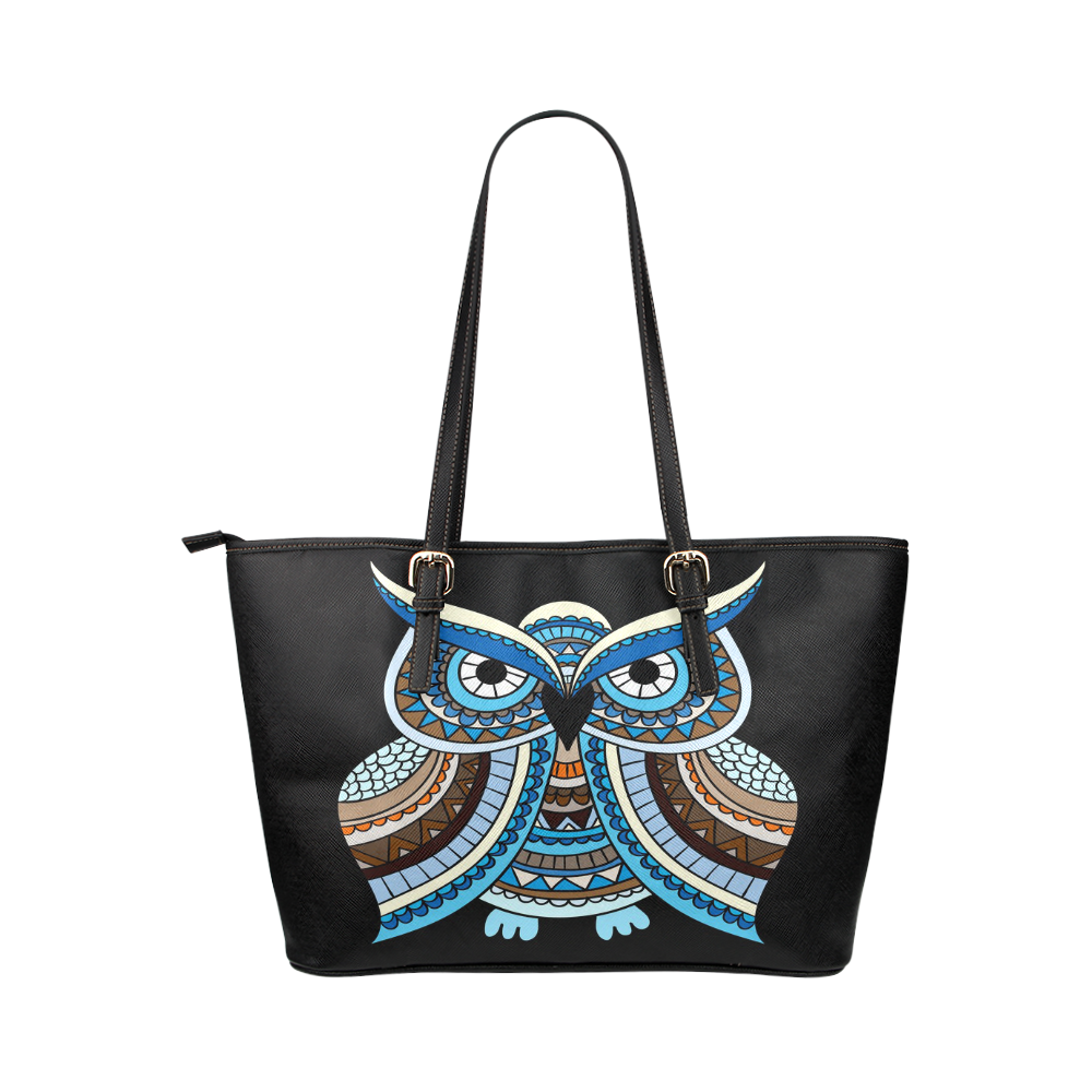 Cute Blue Owl Landscape Leather Tote Bag/Large (Model 1651)