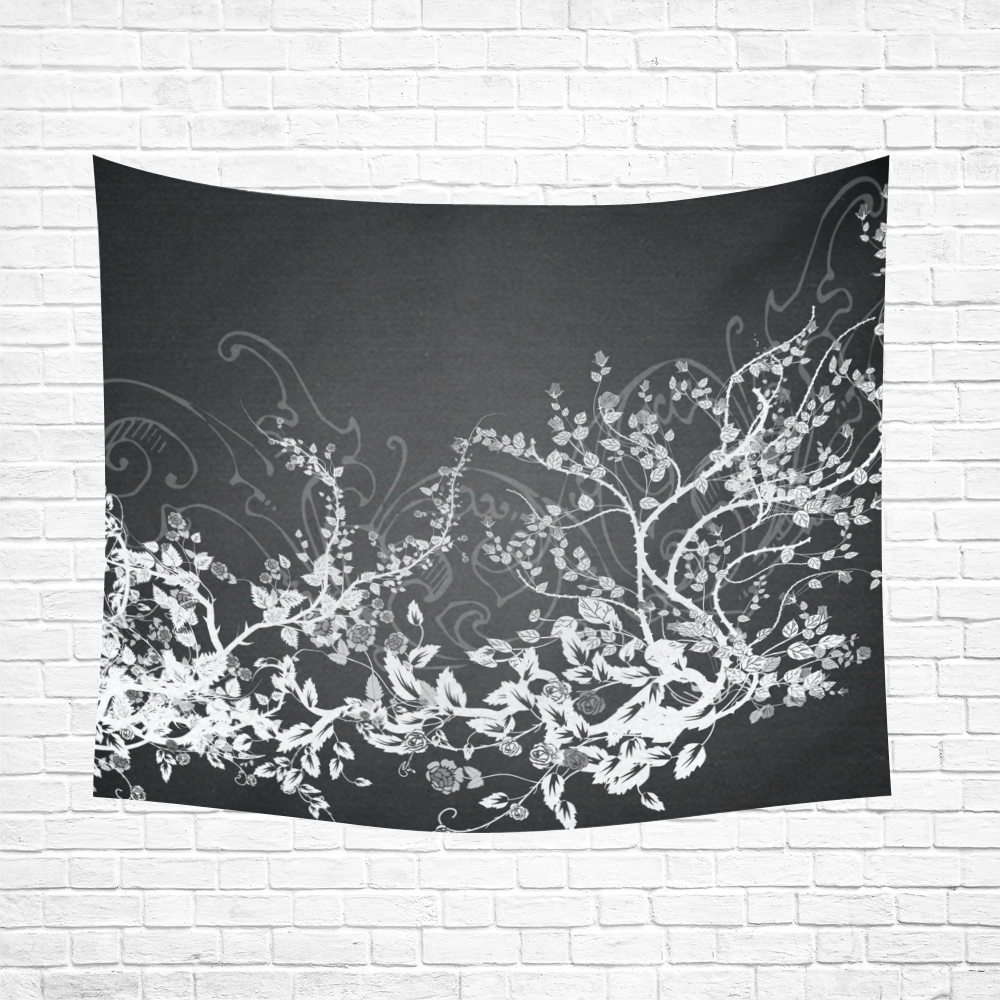 Flowers in black and white Cotton Linen Wall Tapestry 60"x 51"