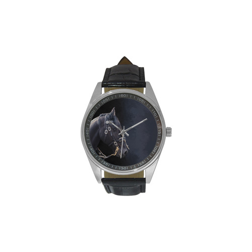 A beautiful painting black friesian horse portrait Men's Casual Leather Strap Watch(Model 211)