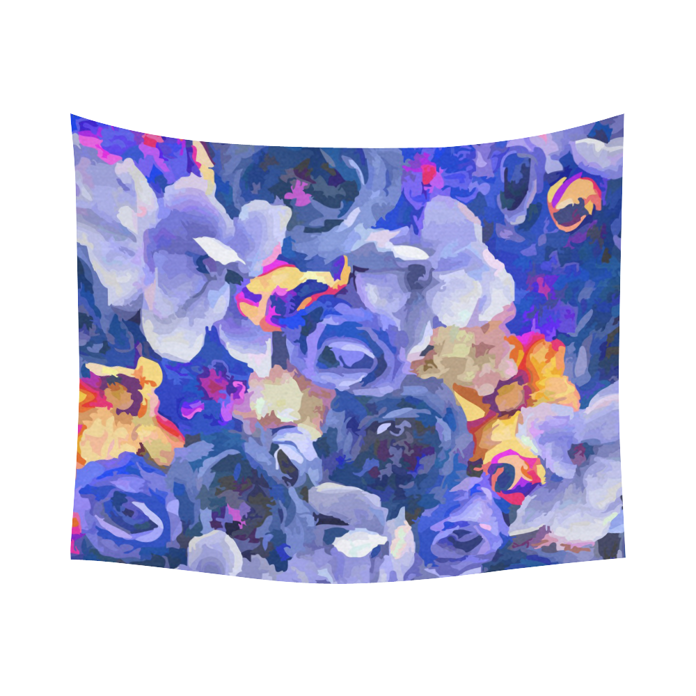 Indigo Gold Watercolor Flowers Cotton Linen Wall Tapestry 60"x 51"