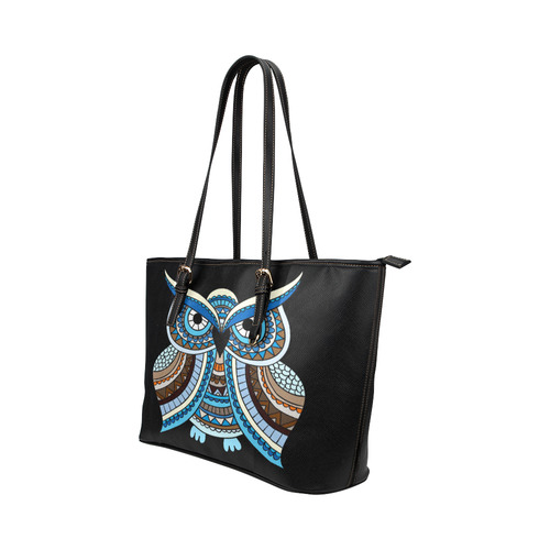 Cute Blue Owl Landscape Leather Tote Bag/Small (Model 1651)