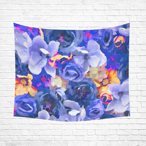 Indigo Gold Watercolor Flowers Cotton Linen Wall Tapestry 60"x 51"