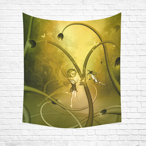 The dragon and the cute fairy, fantasy wood Cotton Linen Wall Tapestry 51"x 60"