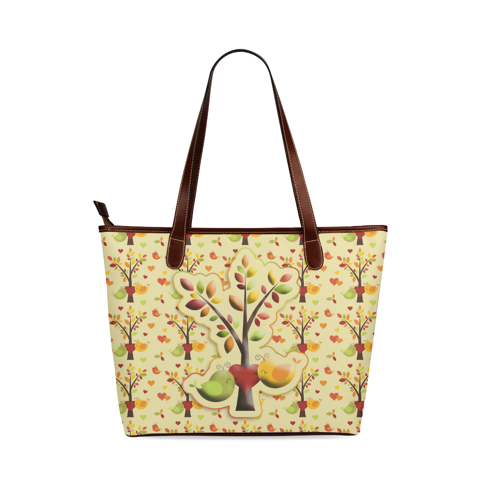 Autumn BIG LOVE Pattern TREEs, BIRDs and HEARTS Shoulder Tote Bag (Model 1646)