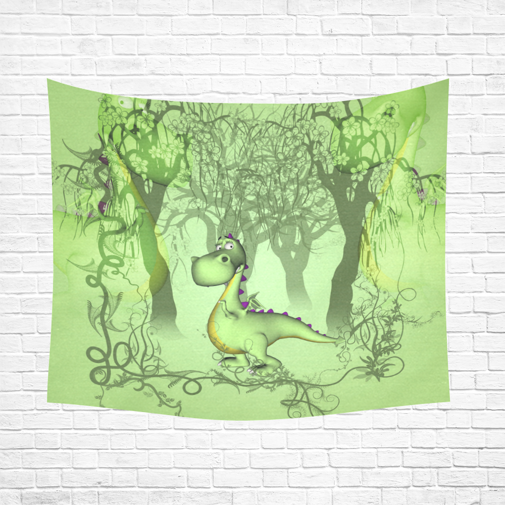 Cute little cartoon dragon in green Cotton Linen Wall Tapestry 60"x 51"