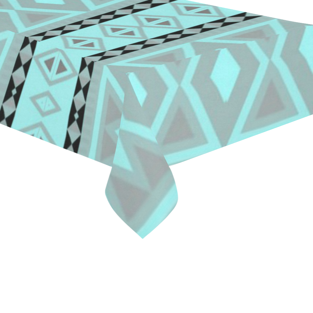 tribal border pattern , aqua Cotton Linen Tablecloth 60"x120"