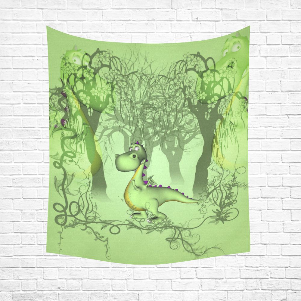 Cute little cartoon dragon in green Cotton Linen Wall Tapestry 51"x 60"