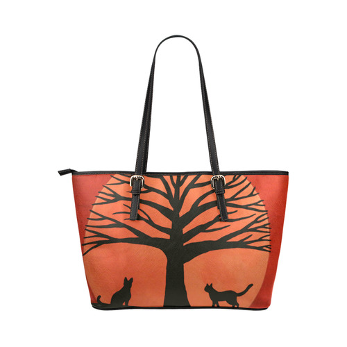 Spooky Cat Tree Leather Tote Bag/Small (Model 1651)