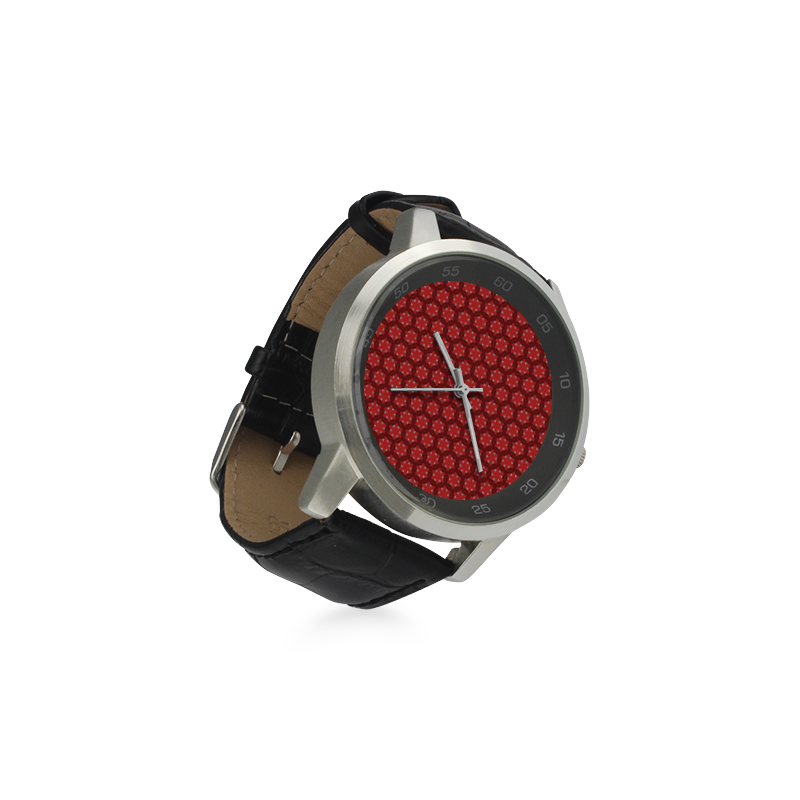 Red Passion Floral Pattern Unisex Stainless Steel Leather Strap Watch(Model 202)