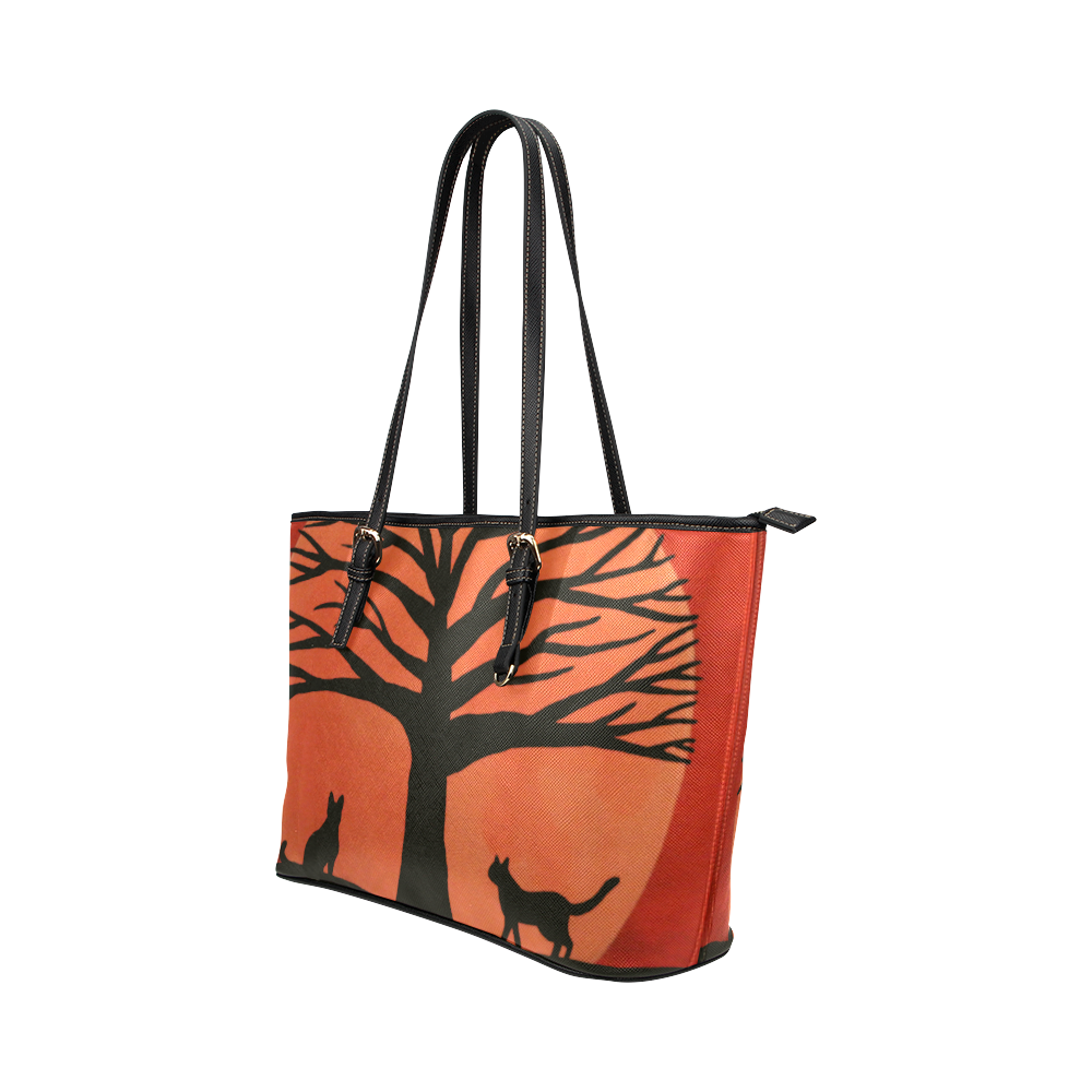 Spooky Cat Tree Leather Tote Bag/Small (Model 1651)