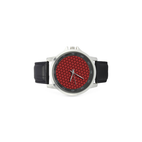 Red Passion Floral Pattern Unisex Stainless Steel Leather Strap Watch(Model 202)