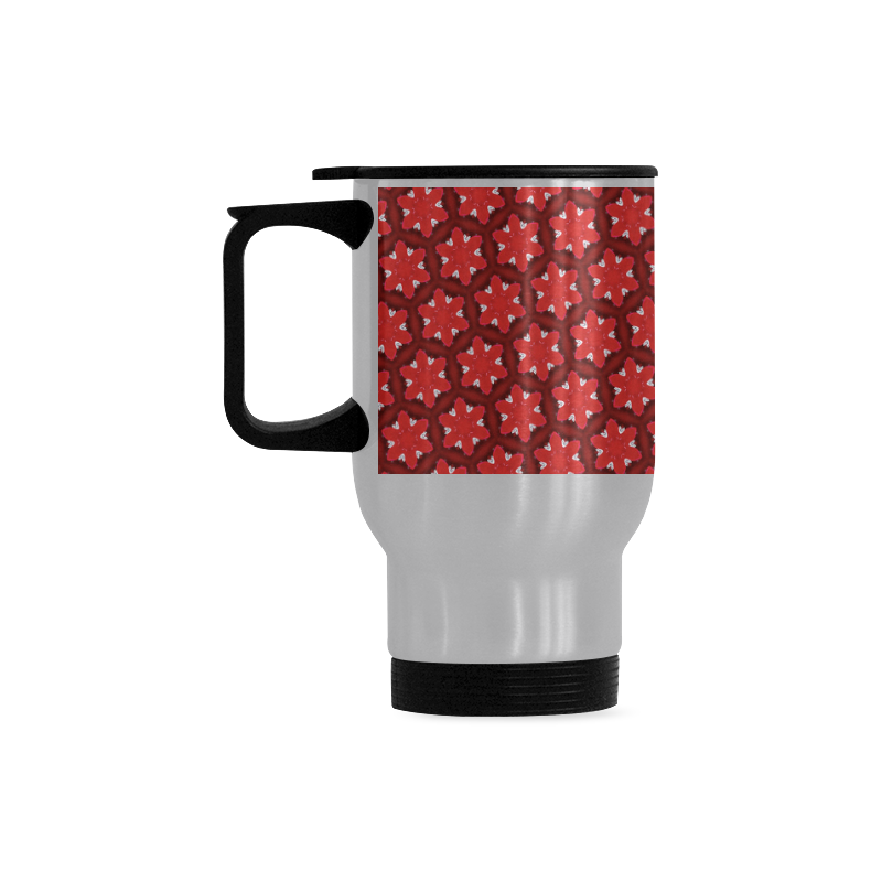 Red Passion Floral Pattern Travel Mug (Silver) (14 Oz)