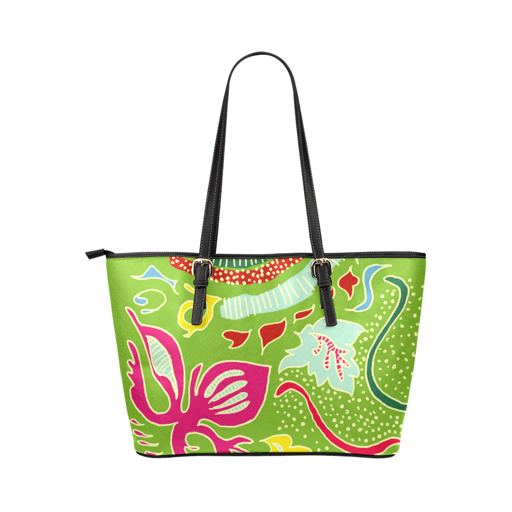 Green Organic Abstract Pattern Leather Tote Bag/Large (Model 1651)
