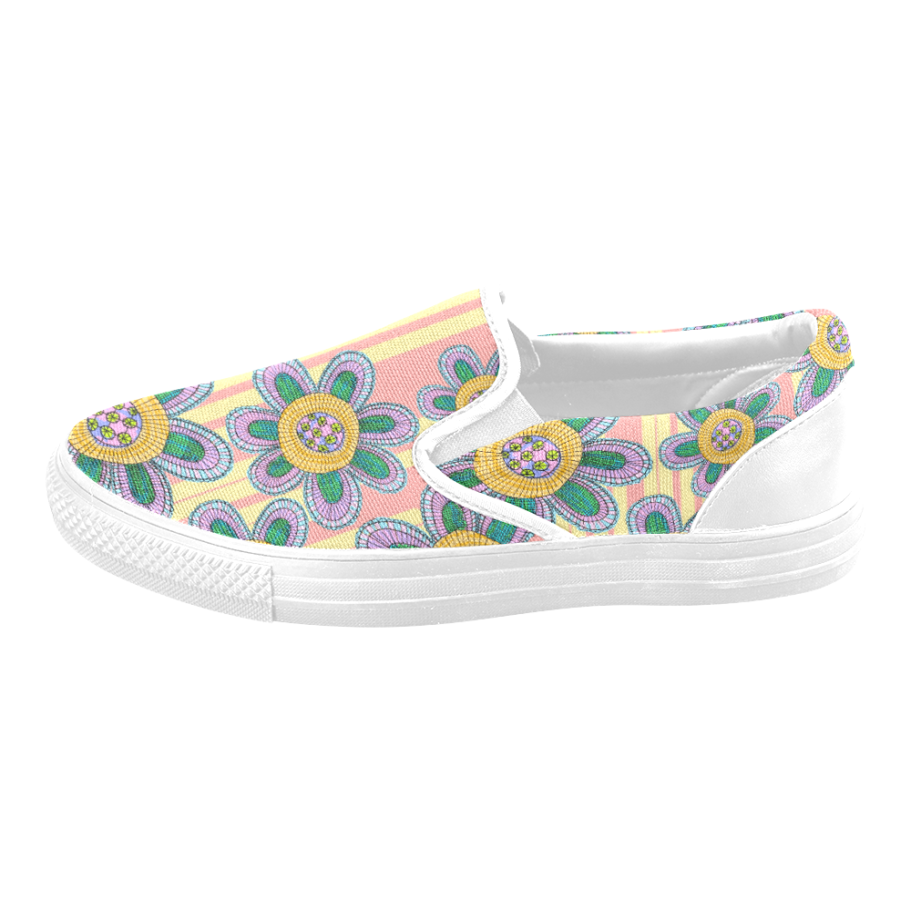 Colorful Flowers and Lines Men's Slip-on Canvas Shoes (Model 019)