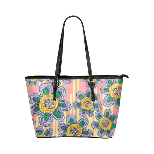 Colorful Flowers and Lines Leather Tote Bag/Small (Model 1651)
