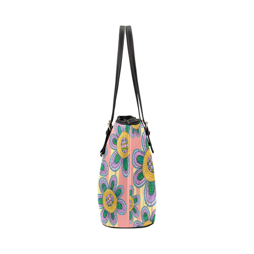 Colorful Flowers and Lines Leather Tote Bag/Large (Model 1651)