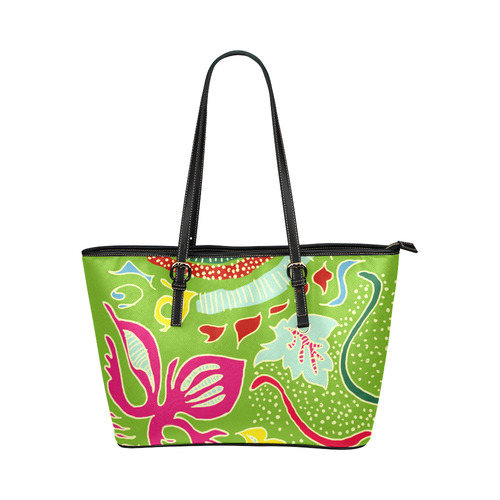 Green Organic Abstract Pattern Leather Tote Bag/Small (Model 1651)