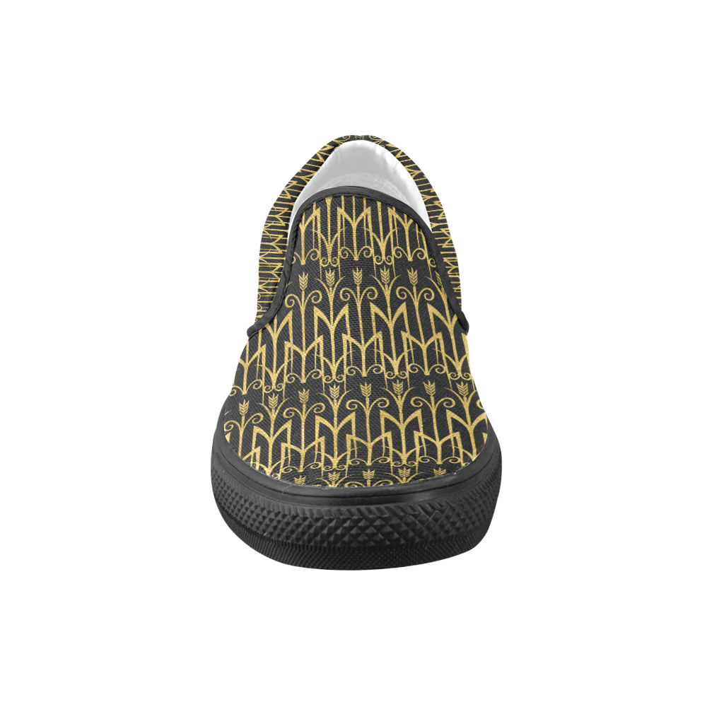 Beautiful BlackAnd Gold Art Deco Pattern Women's Unusual Slip-on Canvas Shoes (Model 019)