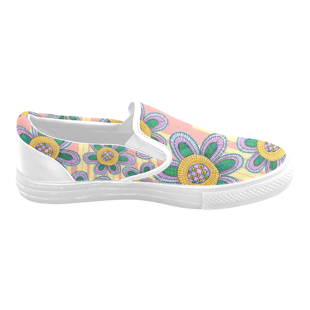 Colorful Flowers and Lines Men's Slip-on Canvas Shoes (Model 019)
