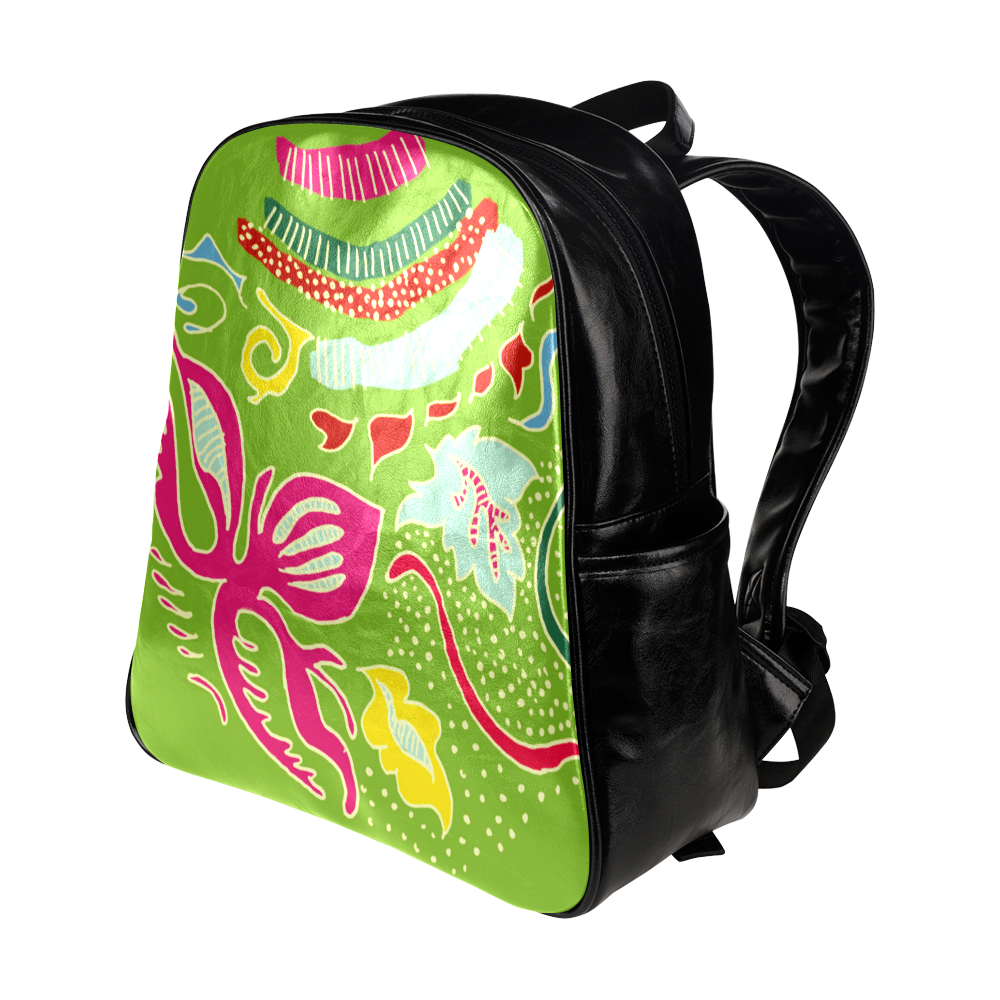 Green Organic Abstract Pattern Multi-Pockets Backpack (Model 1636)