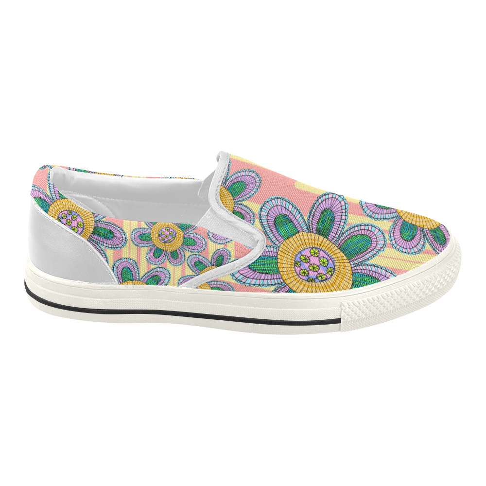 Colorful Flowers and Lines Women's Slip-on Canvas Shoes (Model 019)