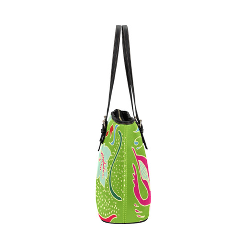 Green Organic Abstract Pattern Leather Tote Bag/Large (Model 1651)