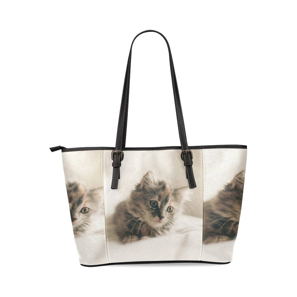Lovely Sweet Little Cat Kitten Kitty Pet Leather Tote Bag/Small (Model 1640)