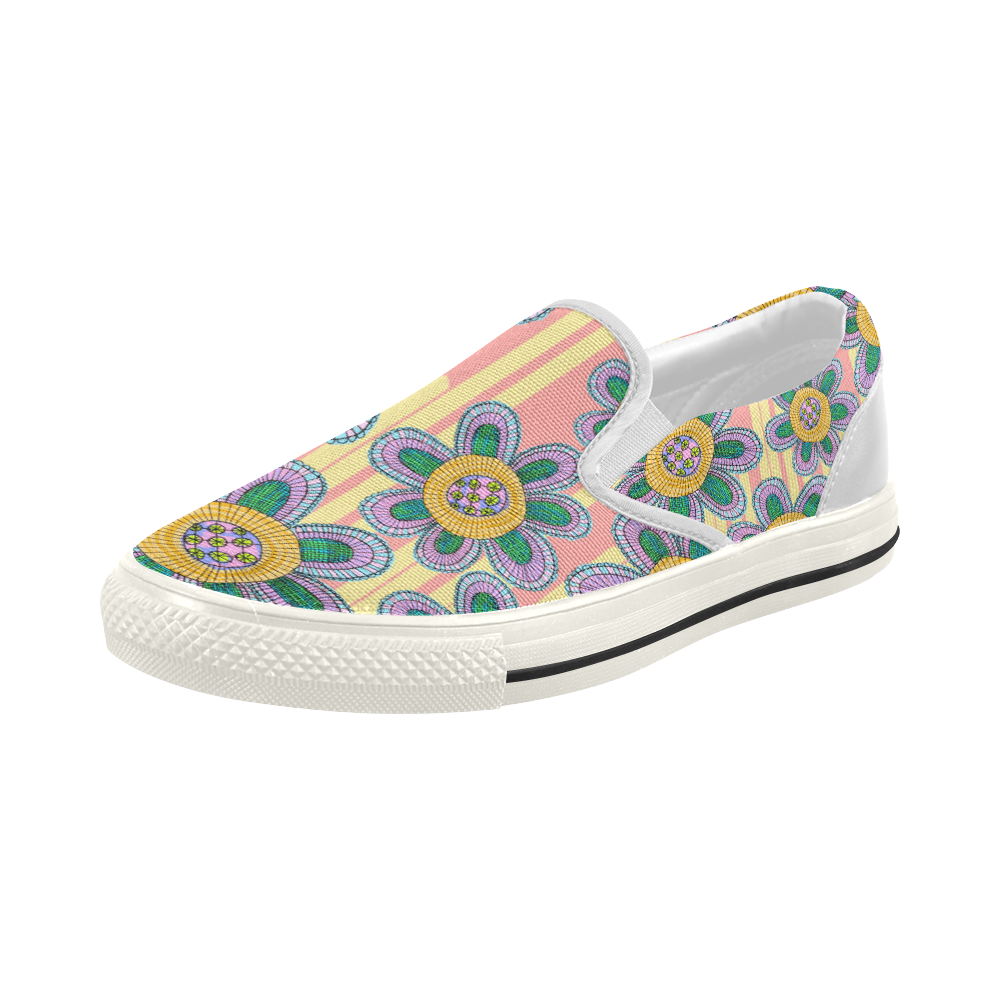 Colorful Flowers and Lines Women's Slip-on Canvas Shoes (Model 019)