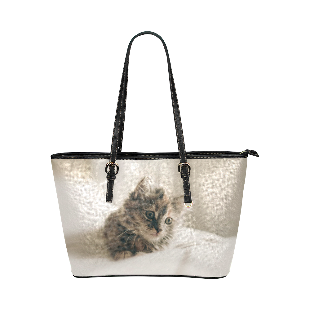 Lovely Sweet Little Cat Kitten Kitty Pet Leather Tote Bag/Small (Model 1651)