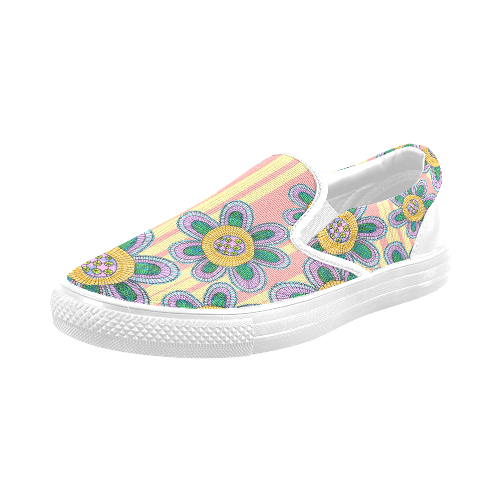 Colorful Flowers and Lines Men's Slip-on Canvas Shoes (Model 019)