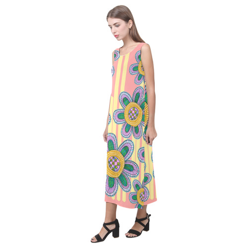 Colorful Flowers and Lines Phaedra Sleeveless Open Fork Long Dress (Model D08)