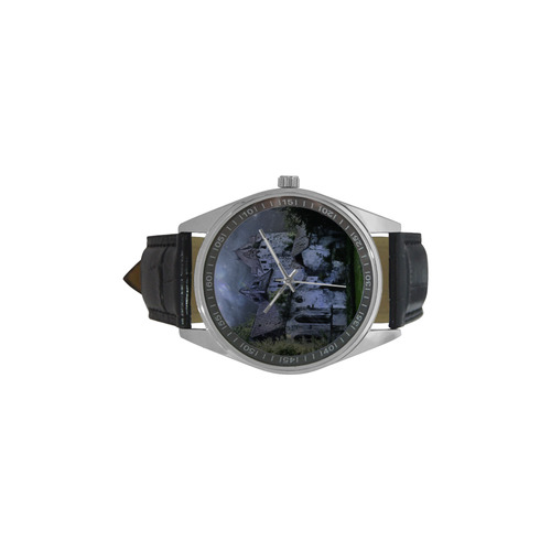 Creepy gothic halloween haunted castle in night Men's Casual Leather Strap Watch(Model 211)