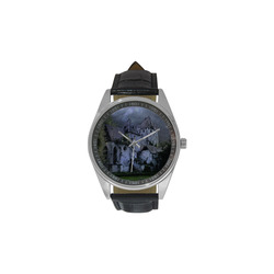 Creepy gothic halloween haunted castle in night Men's Casual Leather Strap Watch(Model 211)