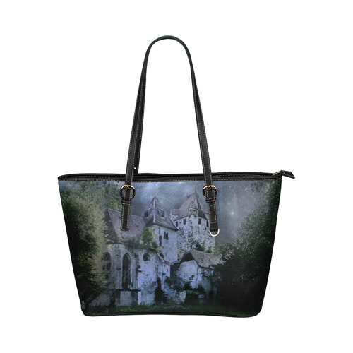 Creepy gothic halloween haunted castle in night Leather Tote Bag/Large (Model 1651)