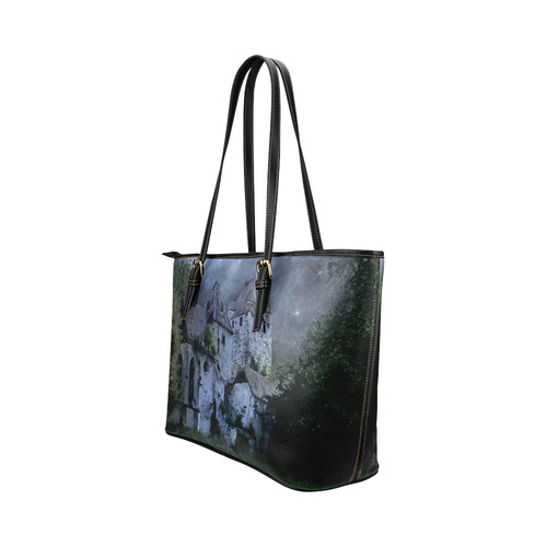 Creepy gothic halloween haunted castle in night Leather Tote Bag/Large (Model 1651)