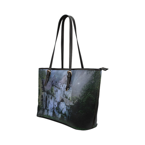 Creepy gothic halloween haunted castle in night Leather Tote Bag/Small (Model 1651)