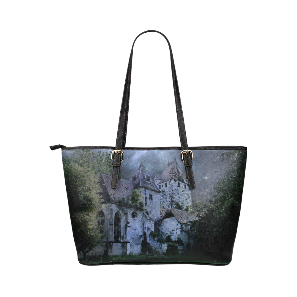 Creepy gothic halloween haunted castle in night Leather Tote Bag/Small (Model 1651)