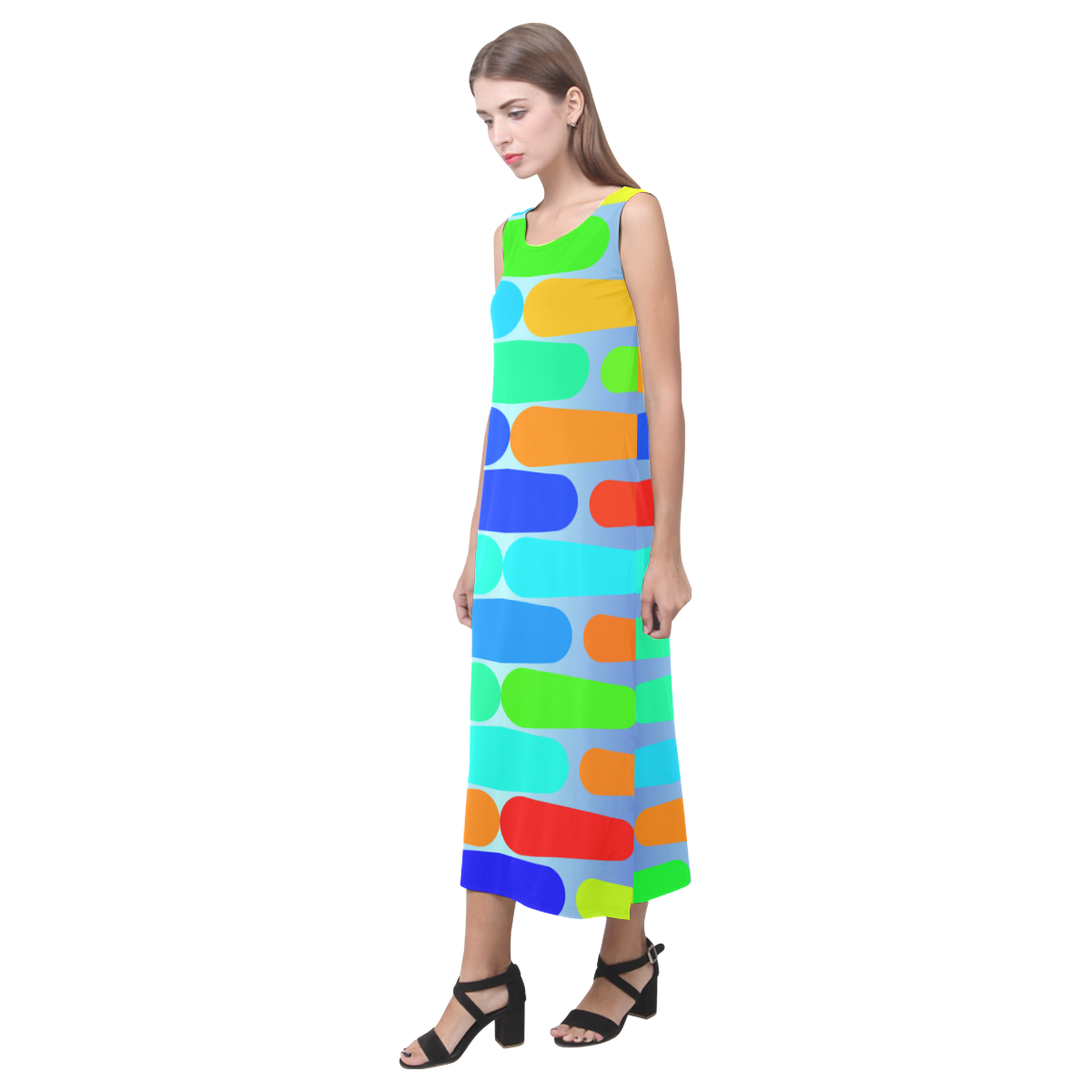 Colorful shapes on a blue background Phaedra Sleeveless Open Fork Long Dress (Model D08)