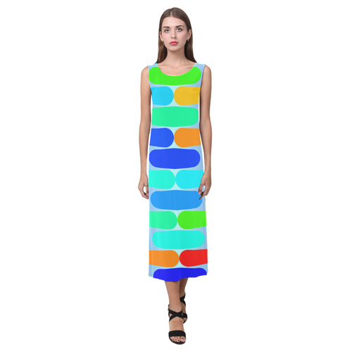 Colorful shapes on a blue background Phaedra Sleeveless Open Fork Long Dress (Model D08)
