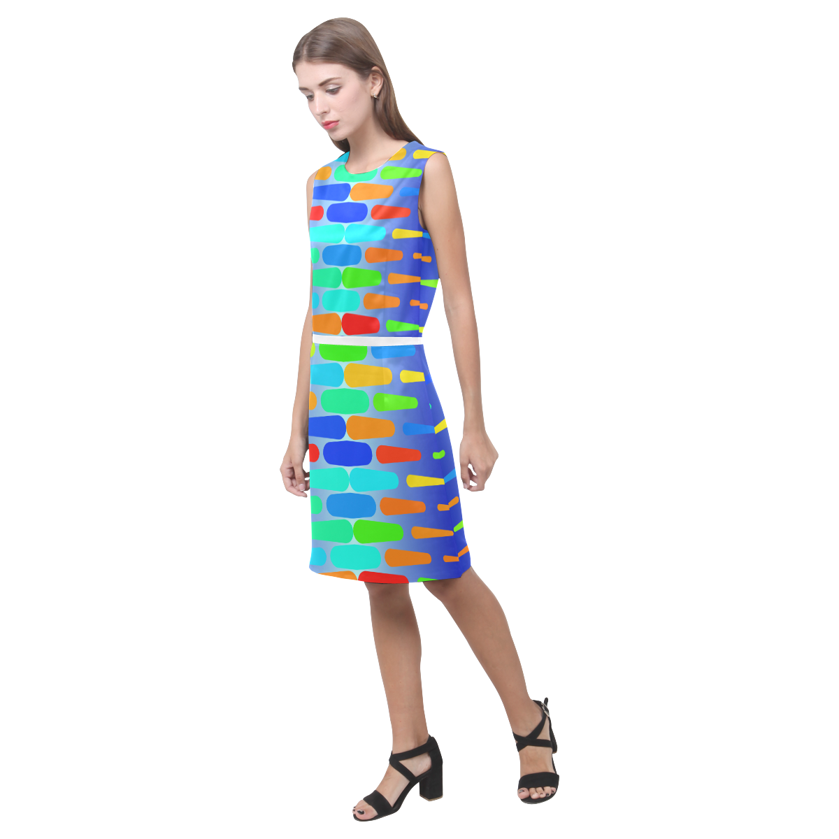 Colorful shapes on a blue background Eos Women's Sleeveless Dress (Model D01)