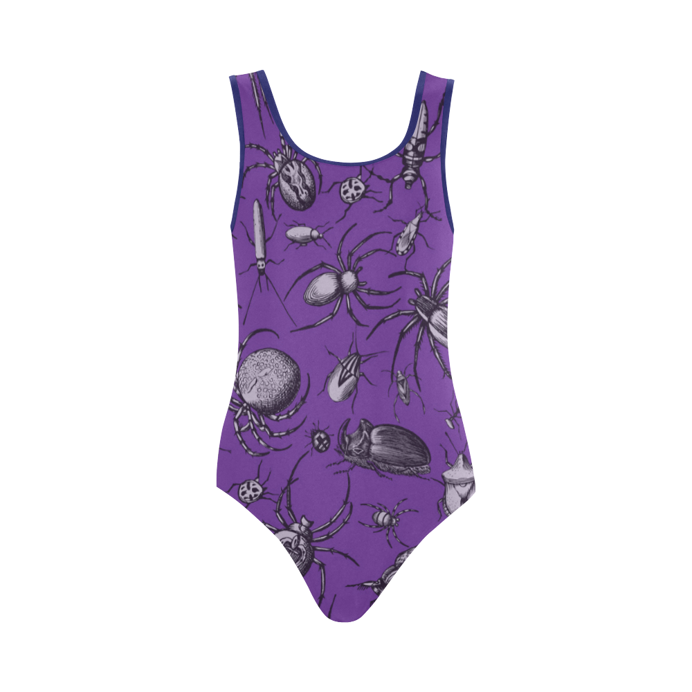 spiders creepy crawlers bugs purple halloween Vest One Piece Swimsuit (Model S04)