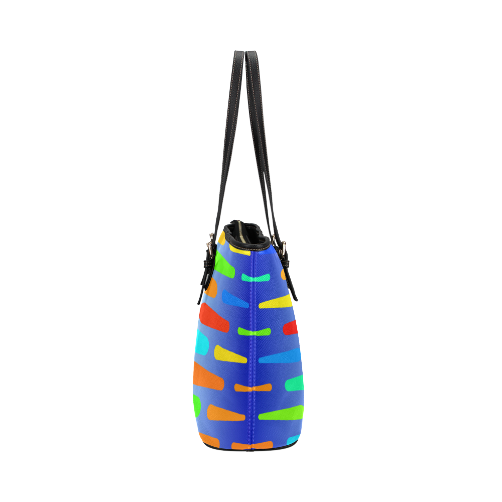 Colorful shapes on a blue background Leather Tote Bag/Large (Model 1651)