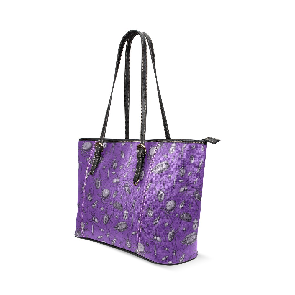 spiders creepy crawlers bugs purple halloween Leather Tote Bag/Large (Model 1640)